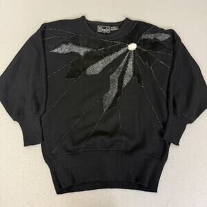 Vintage Rochelle California Black Acrylic Leather Applique Sweater L Batwing